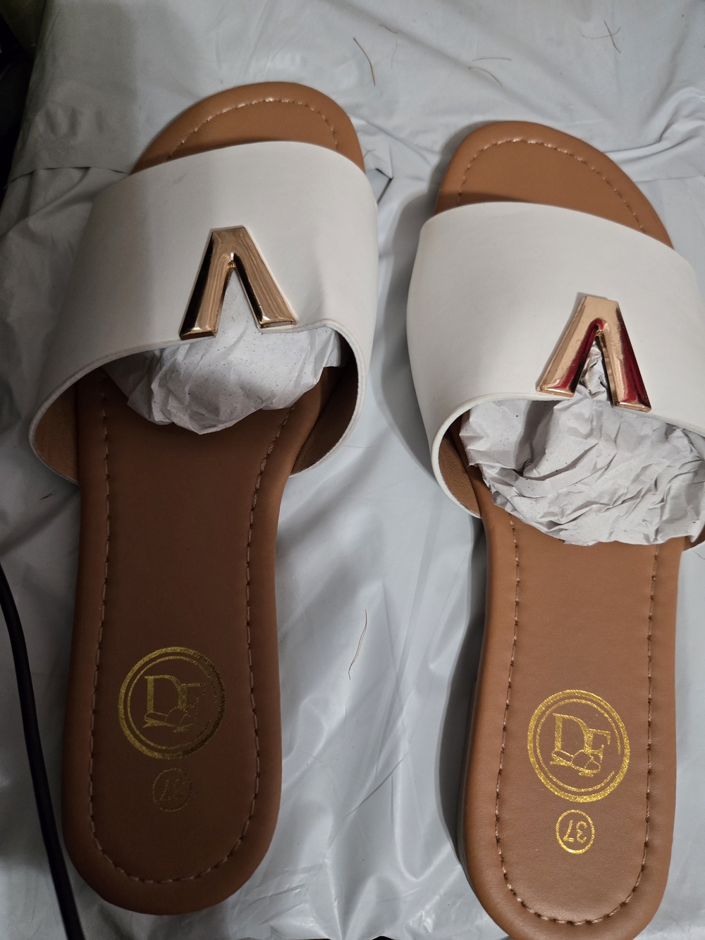 White Slide Sandals with Gold Accent - Women's Casual Slides